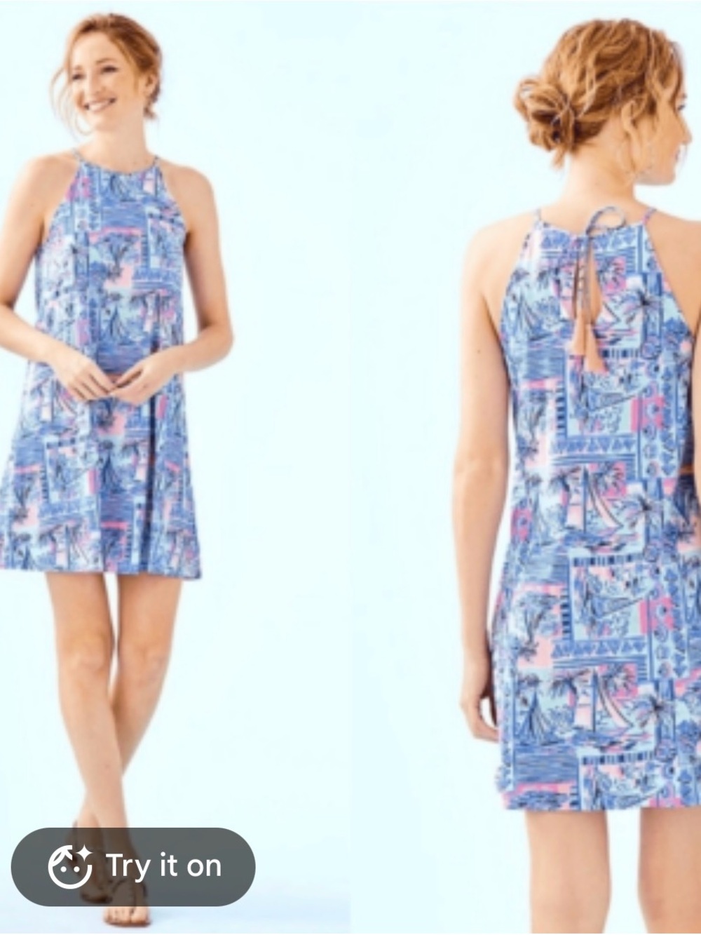 Lilly Pulitzer Yeah Buoy Swing Sleeveless Blue & Pink Print Halter Tassel Dress